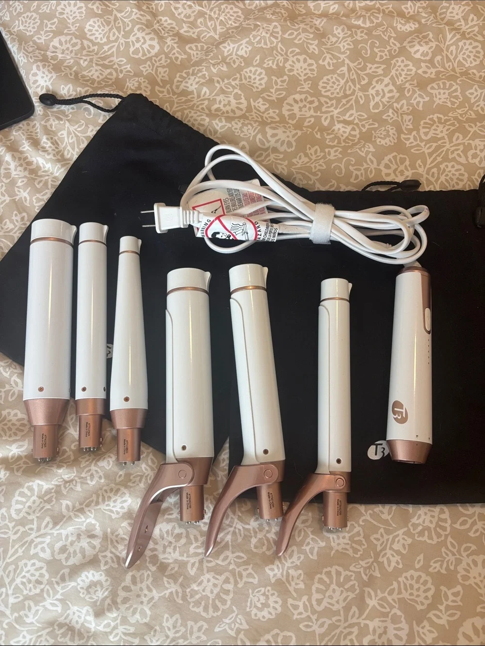 T3 White and Rose Gold Interchangeable Curling Wand Set